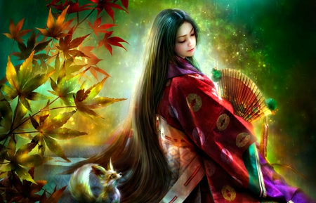 beautiful woman with fan and fox