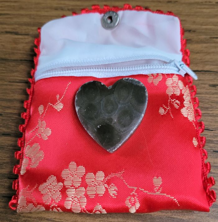 resized petoskey heart on red bag 100421