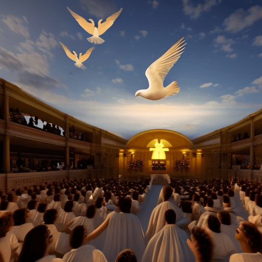 dove in sky with choir