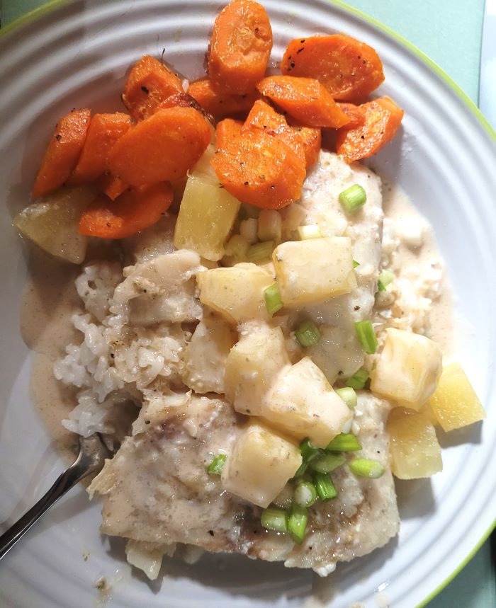 resized carrots rice fish with coconut chili pineapple scallion sauce 20231112_180914